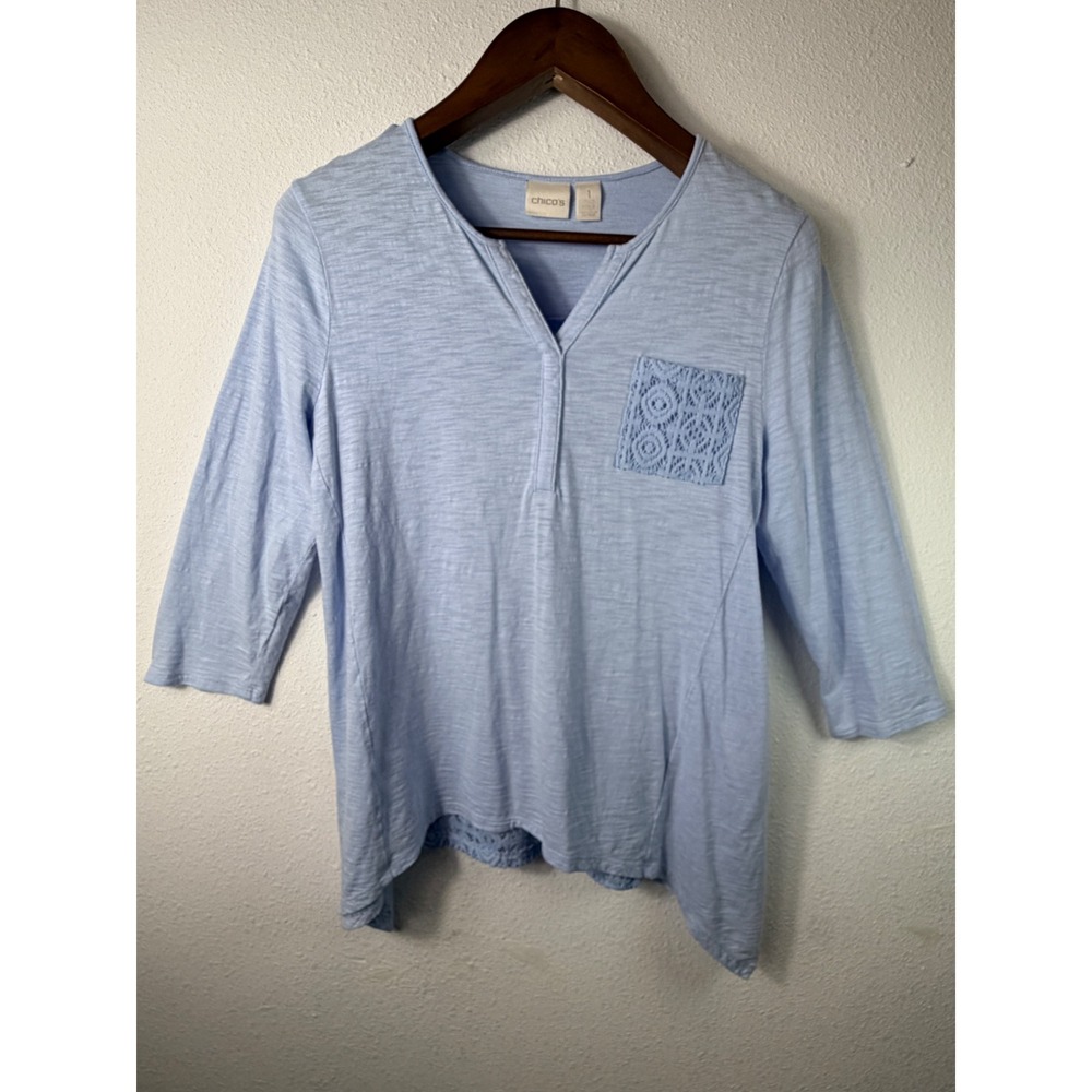 Chico's Women Top Blue 1 Lace Back Crochet Pocket Split Neck 3/4 Sleeve Knit